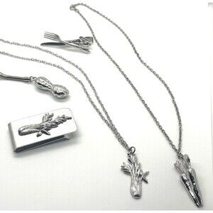 VTG Myers‑Suzio Signed Vegetable Set Necklaces Money Clip Peanut Keychain-Unisex